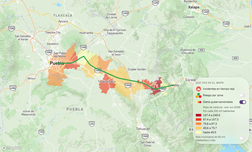 Ruta Puebla–Orizaba sobre municipios coloreados por robo de vehículo por cada 100 mil habitantes