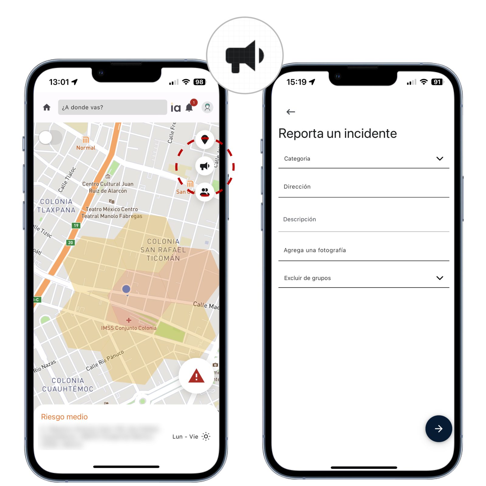 App de protección de personas: mapa con riesgo por zona y formulario para reportar un incidente