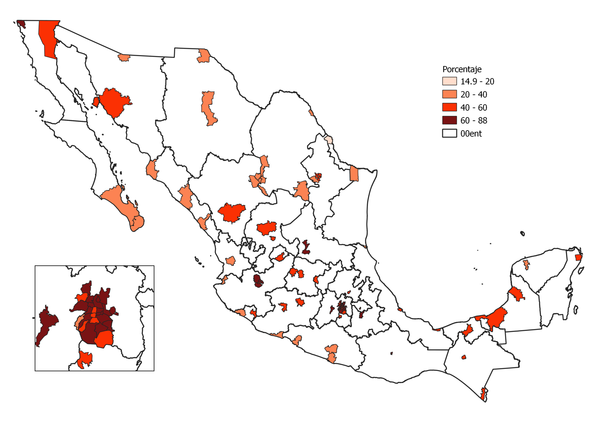 Mapa de méxico que señala los municipios con mayor porcentaje de robos o delitos atestiguados