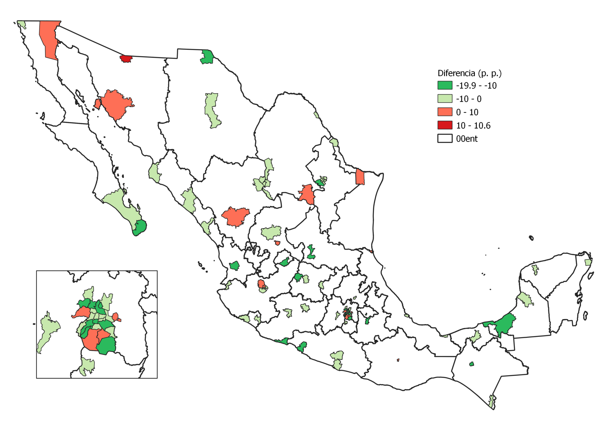 Mapa de méxico que señala los municipios con mayor diferencia en la disminucion de robos y delitos