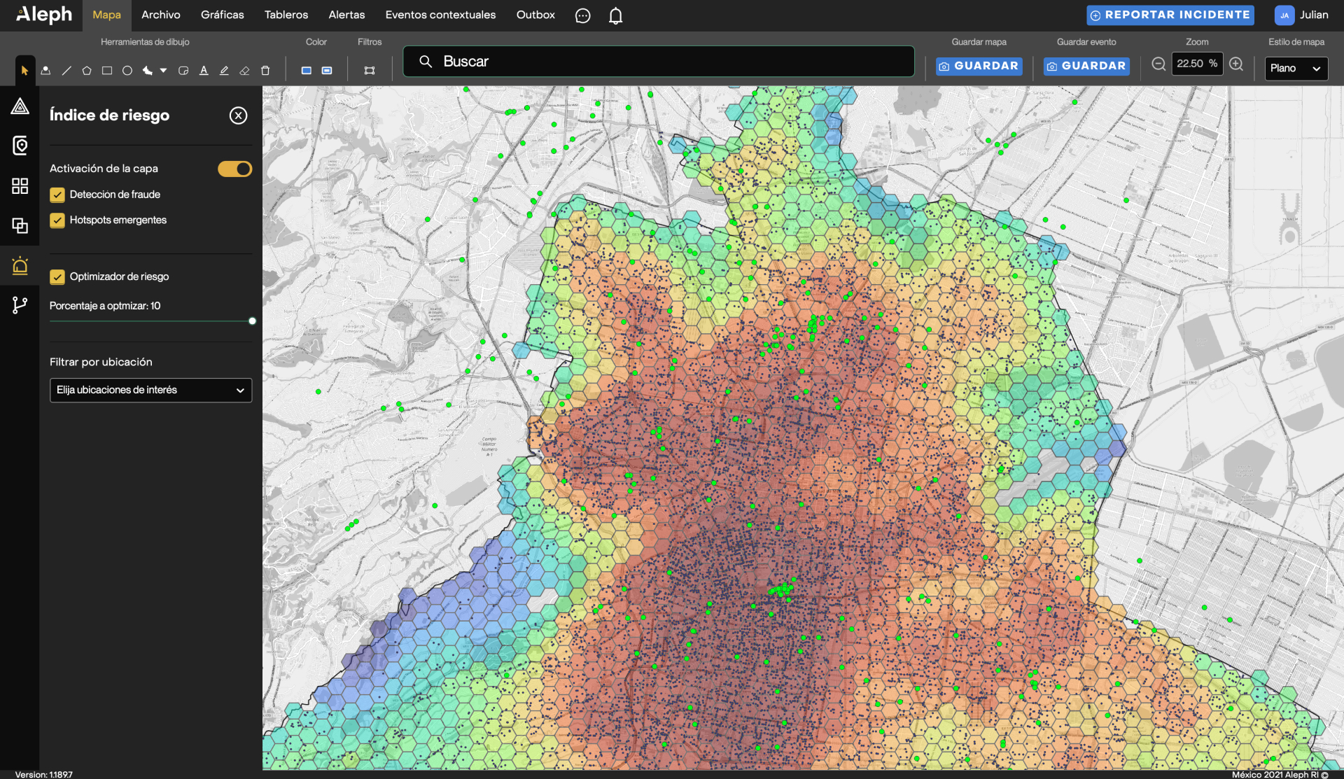 mapa de calor de riesgo de robo de autopartes en la CDMX