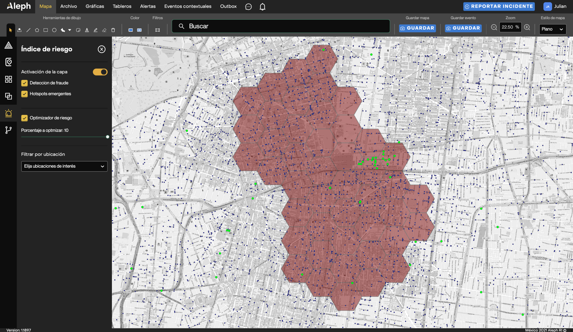 mapa de calor de riesgo de robo de autopartes y concentración de
          establecimientos de venta de autopartes en la colonia Doctores