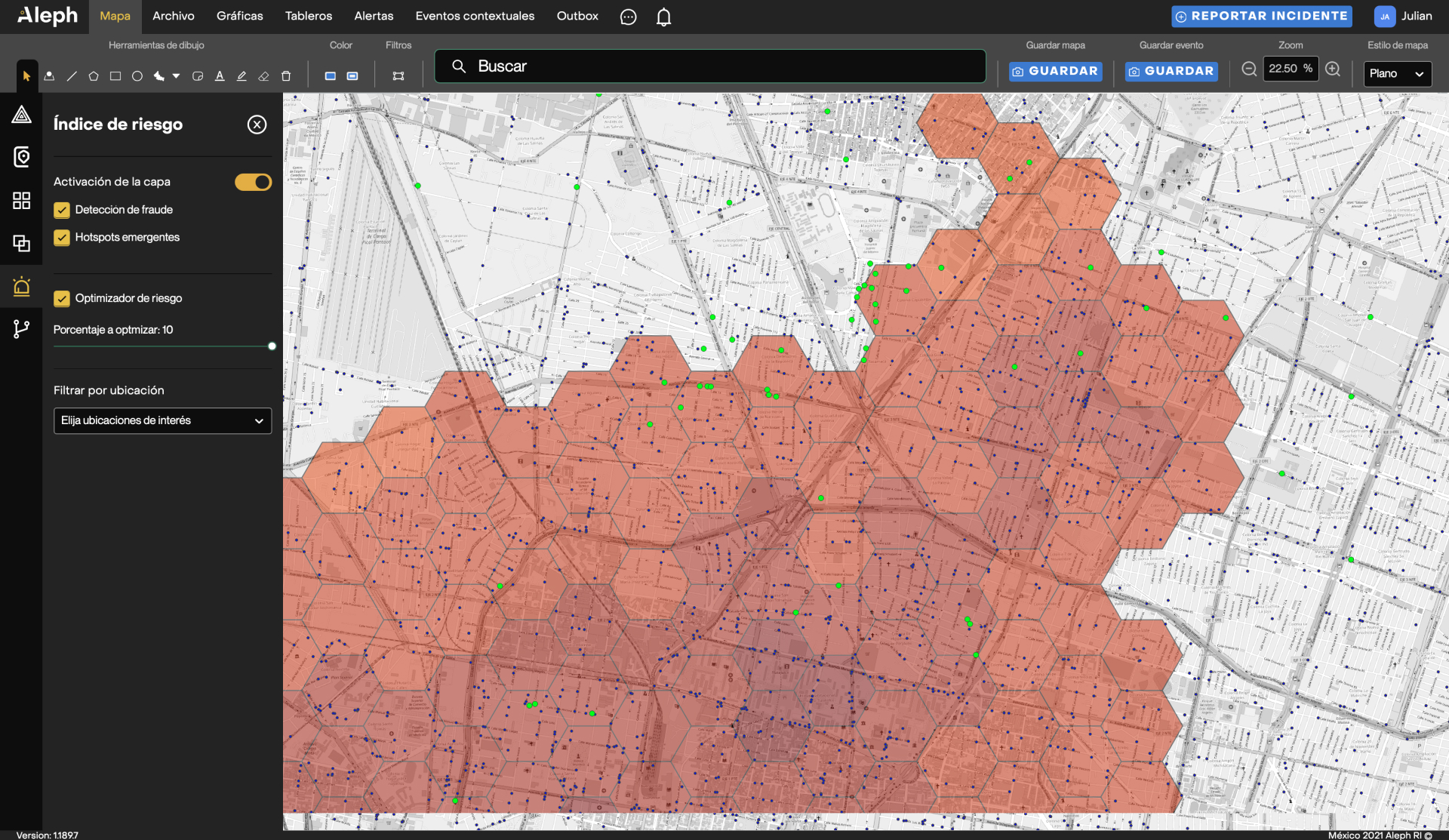 mapa de calor de riesgo de robo de autopartes y concentración de
          establecimientos de venta de autopartes en Gustavo A. Madero