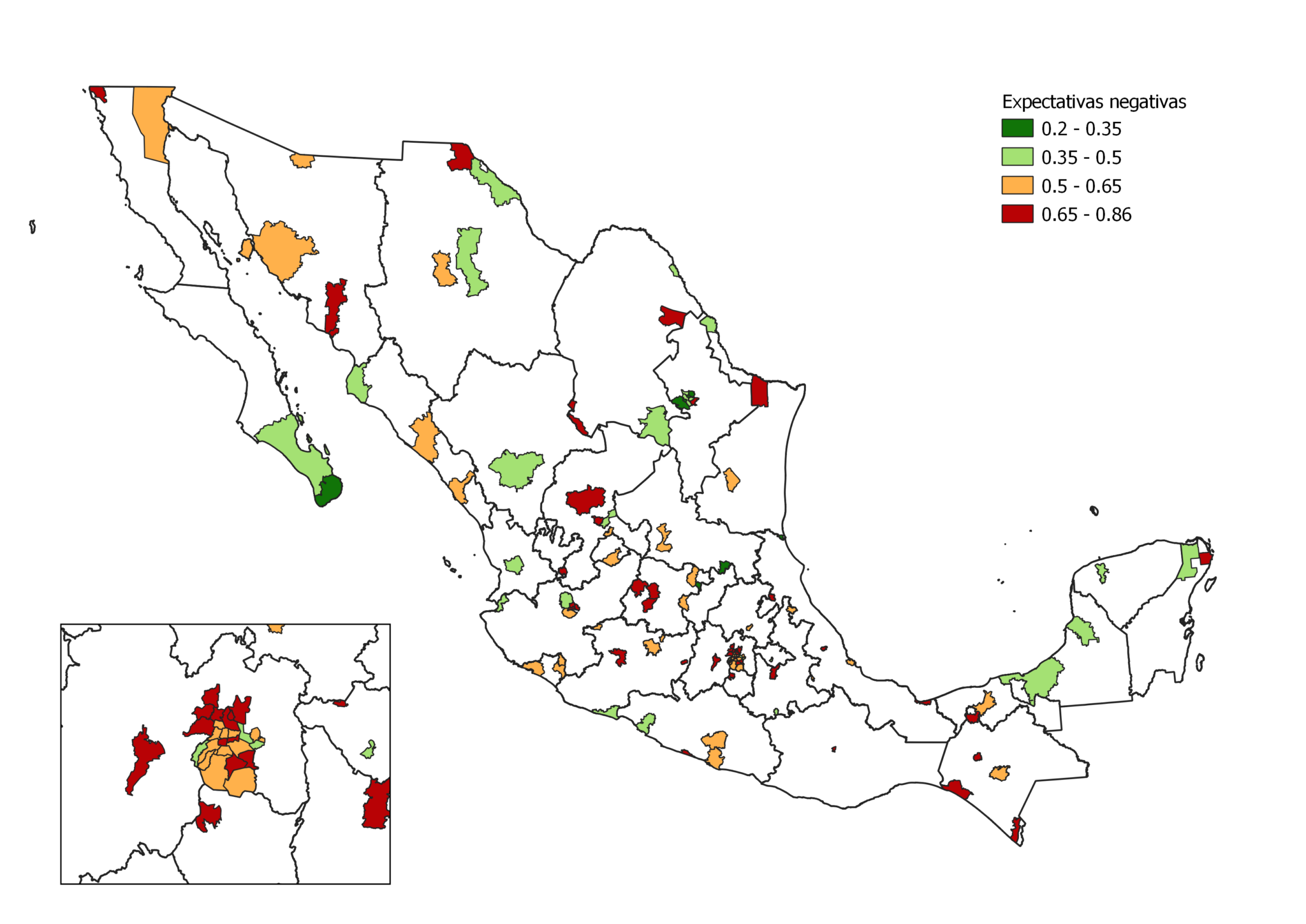 mapa de municipios en los que los habitantes consideran que la seguridad seguirá igual de mal o empeorará