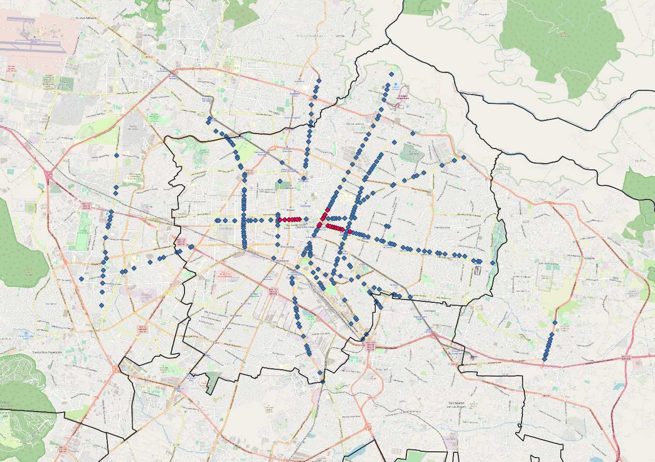 mapa de lugares donde DiDi propuso la optimización de los semáforos y donde monitorea el nivel de congestión vial en la ZMG